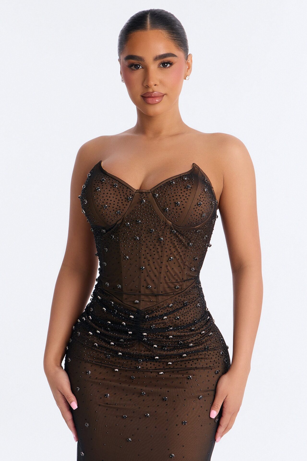 Zola Corset Rhinestone Mesh Gown - Black