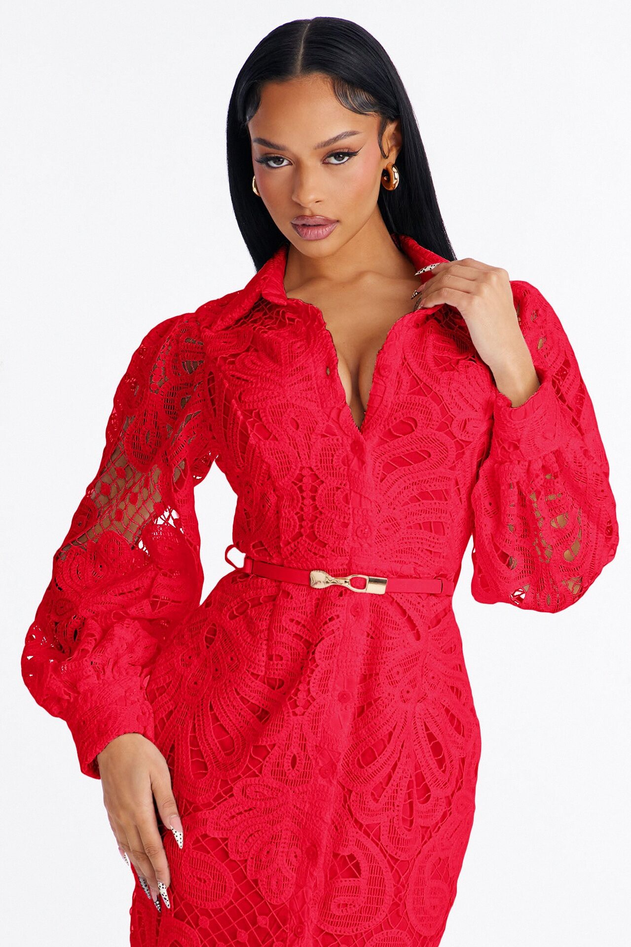 Annette Belted Lace Midi Dress - Red