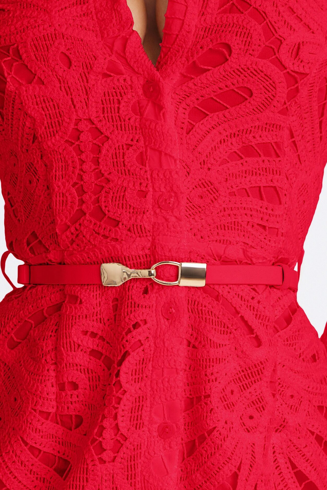 Annette Belted Lace Midi Dress - Red