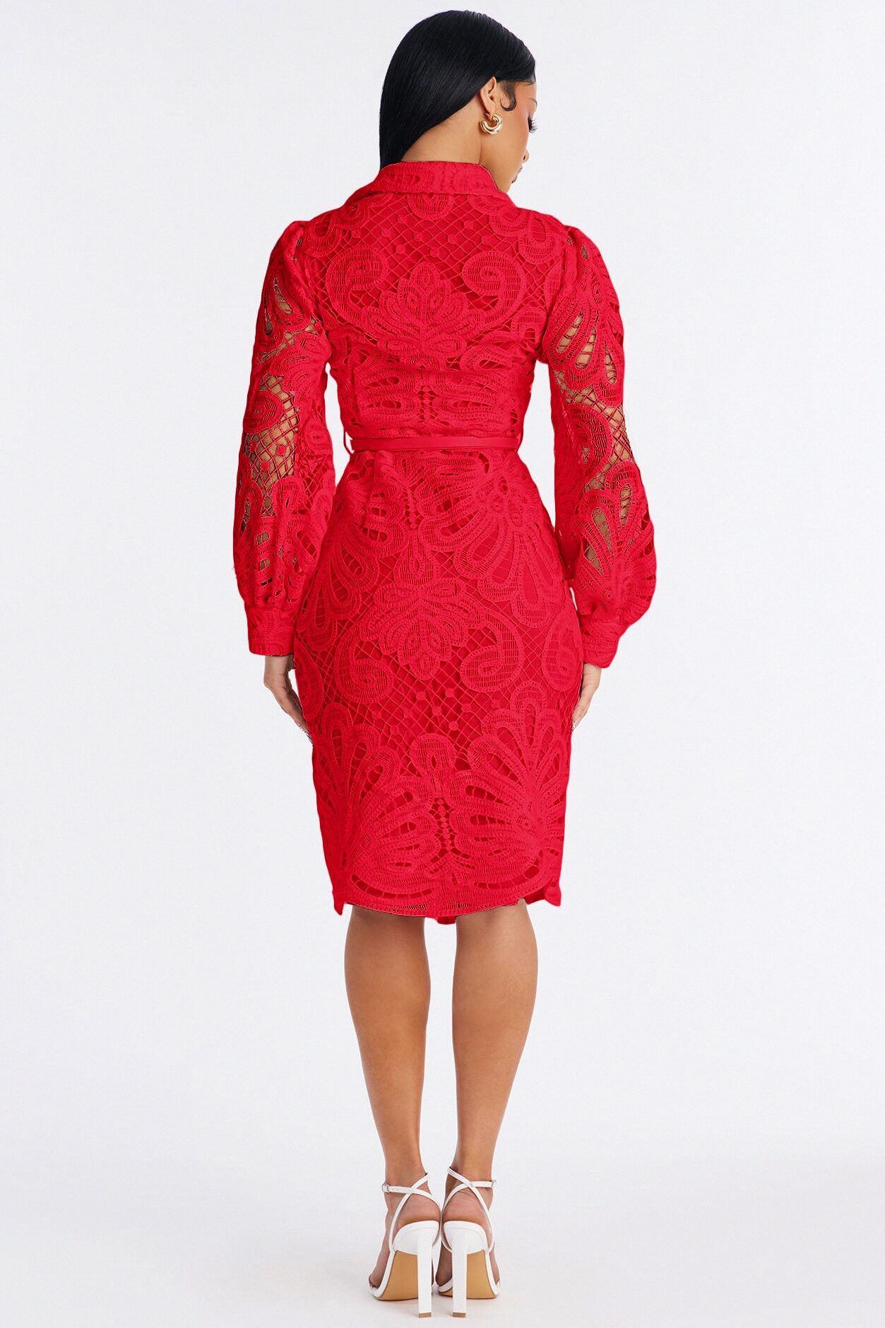 Annette Belted Lace Midi Dress - Red