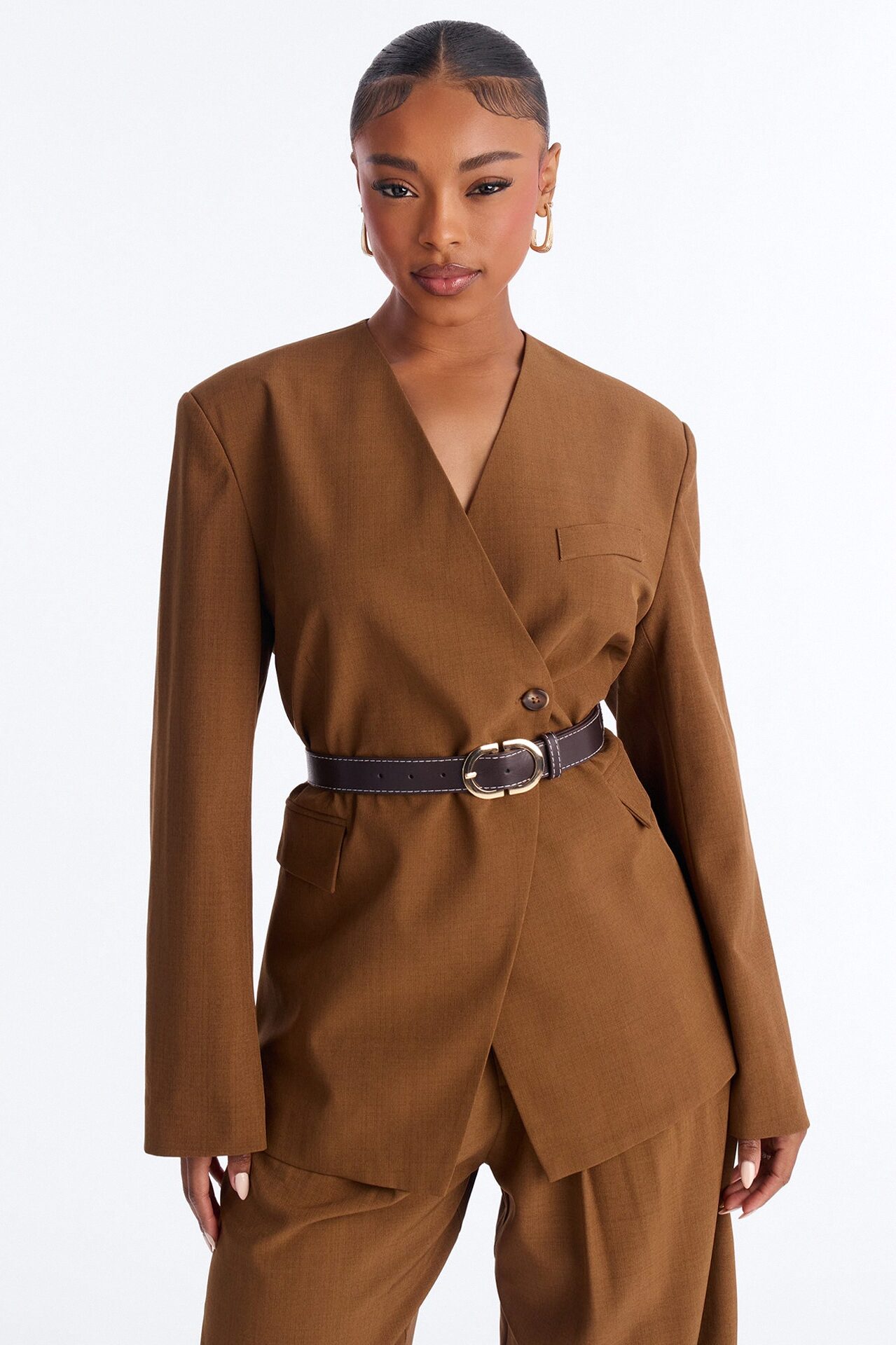 Marayah Belted Blazer Pant Set - Brown