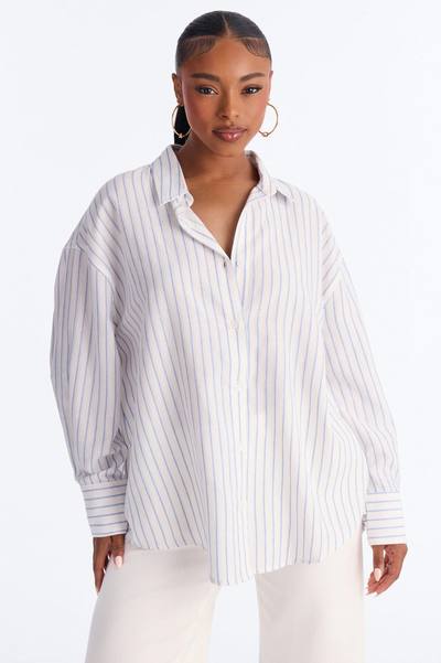 Weekend Mood Oversized Stripe Linen Shirt - Blue/combo