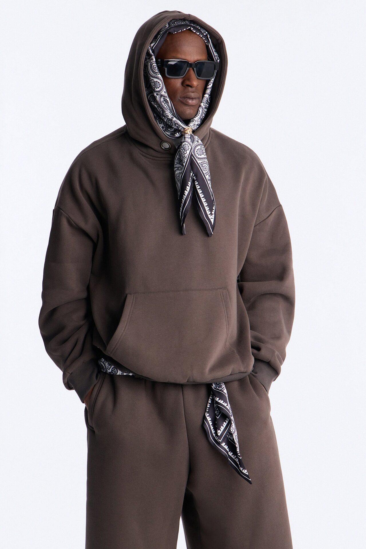 Oversized Bandana Scarf Duo Hoodie - Brown