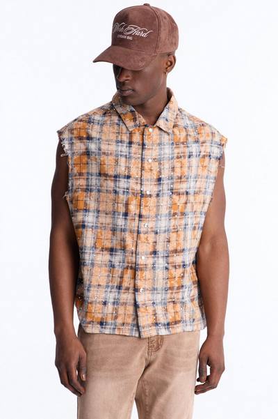 Rhinestone Rain Sleeveless Plaid Flannel - Gold