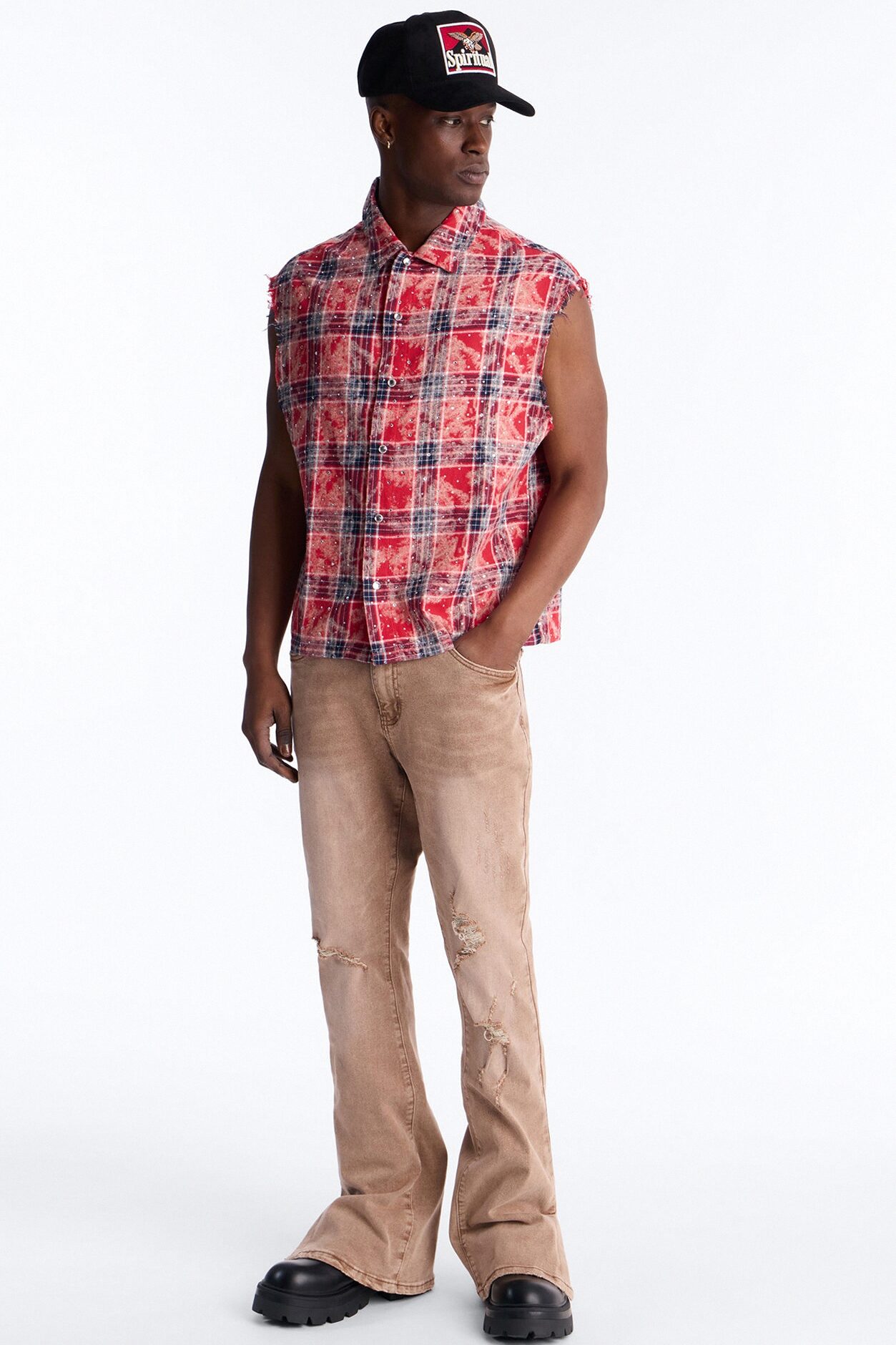 Rhinestone Rain Sleeveless Plaid Flannel - Red