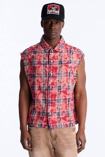 Rhinestone Rain Sleeveless Plaid Flannel - Red