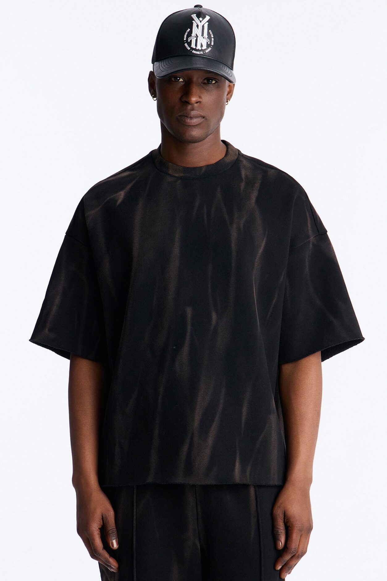 Oversized Bleach Washed Short Sleeve Fleece Tee - Black