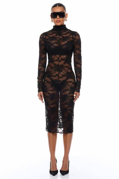 Gabriette Sheer Lace Midi Dress - Black