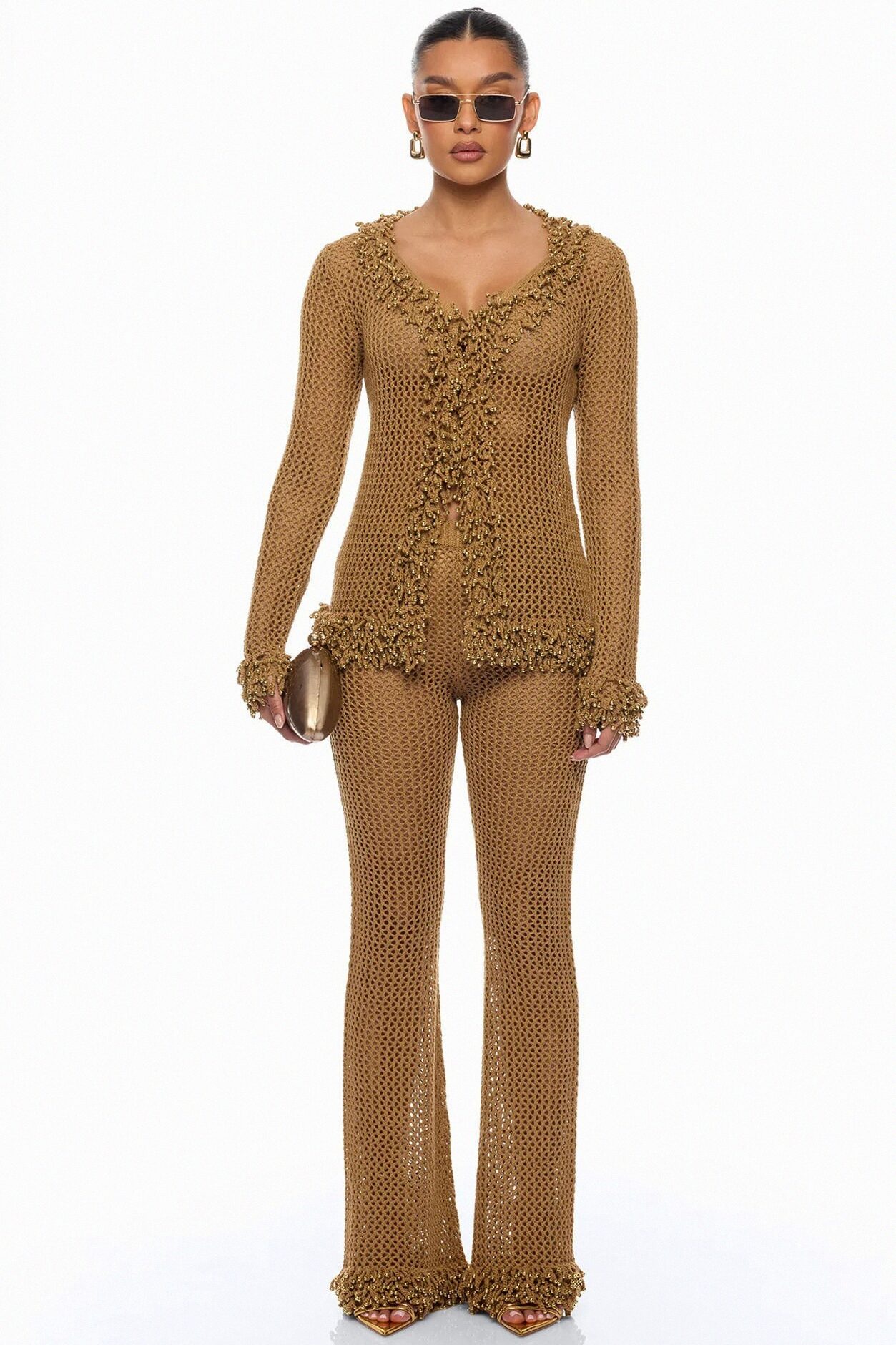 Siesta Crochet Cardigan Pant Set - Brown