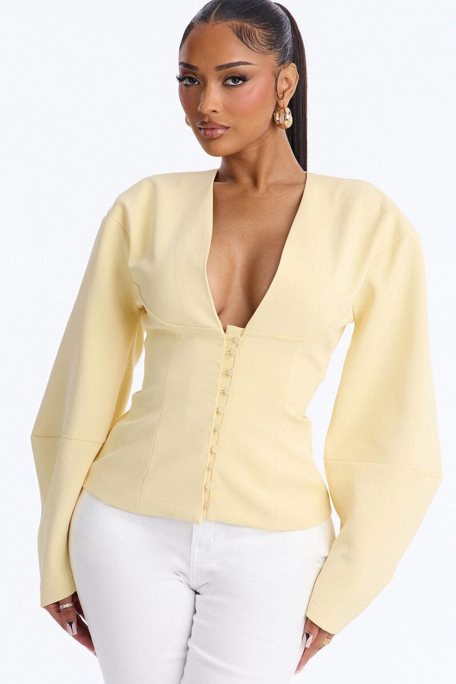 Off Duty Boss Puff Sleeve Button Front Blouse - Yellow