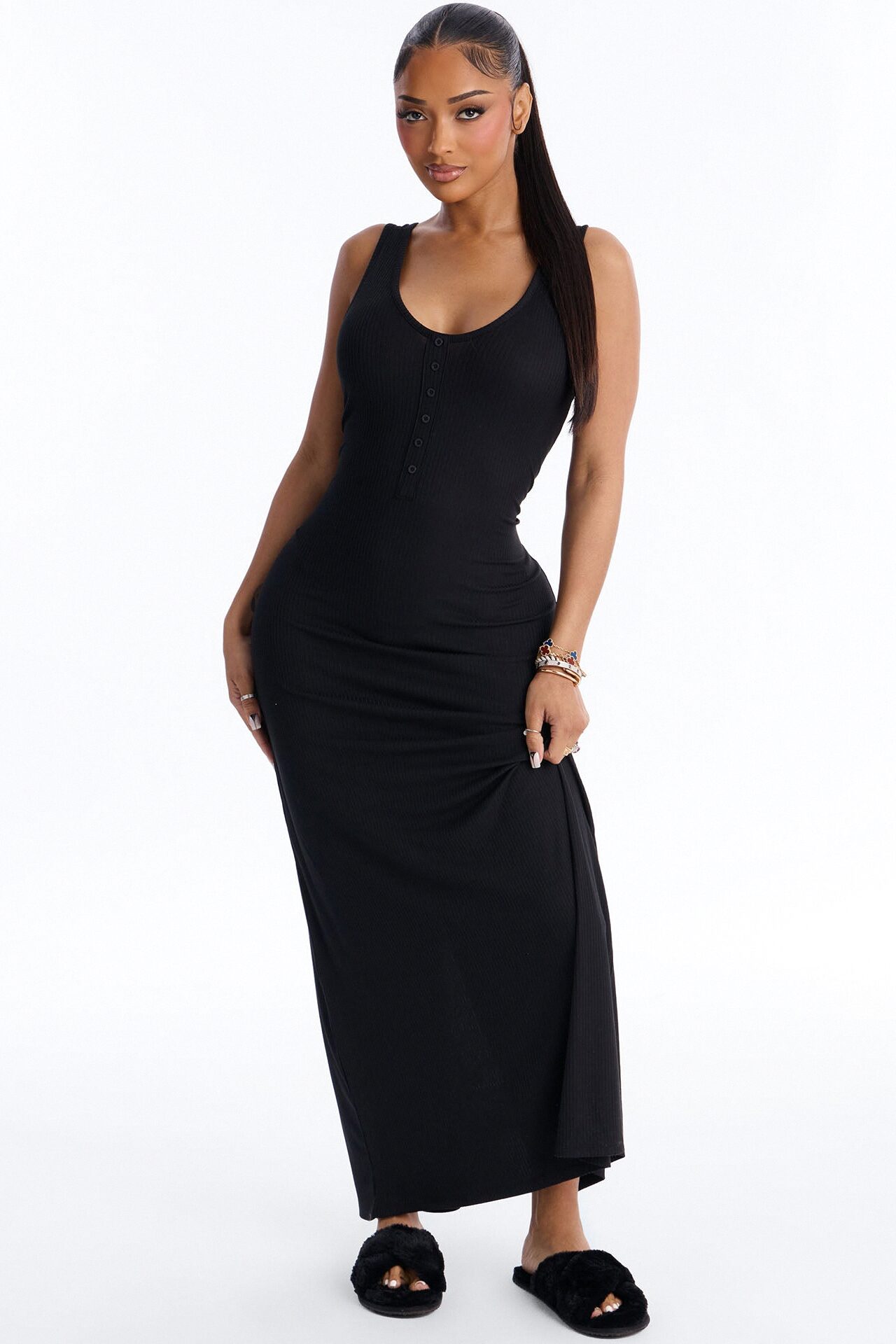 Morning Routine Ribbed Henley Maxi PJ Sleep Dress - Black
