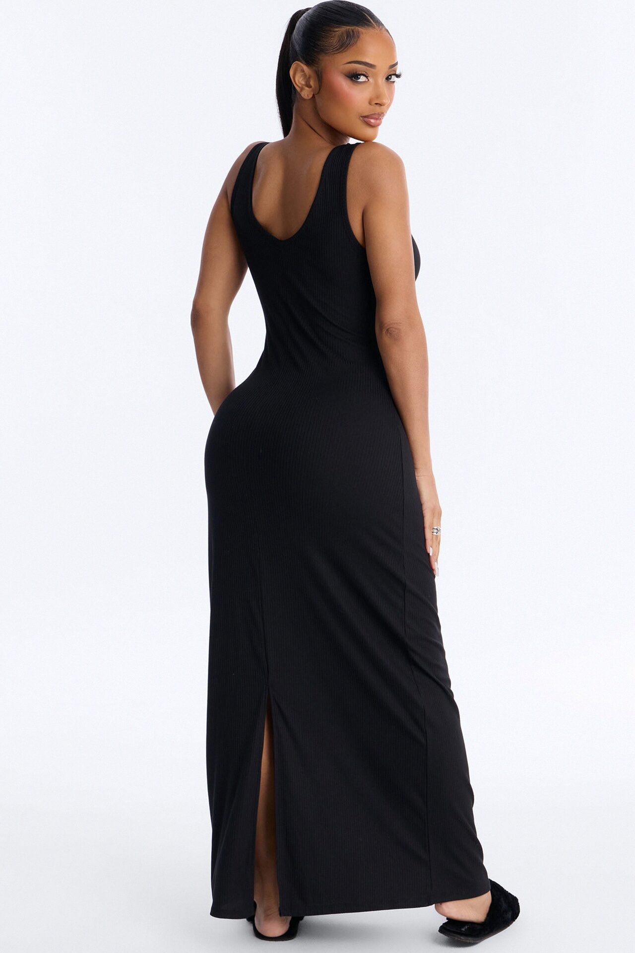 Morning Routine Ribbed Henley Maxi PJ Sleep Dress - Black