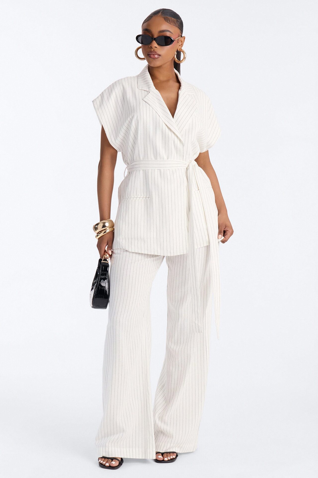 Juno Pinstripe Short Sleeve Tie Waist Linen Blazer - Ivory/combo