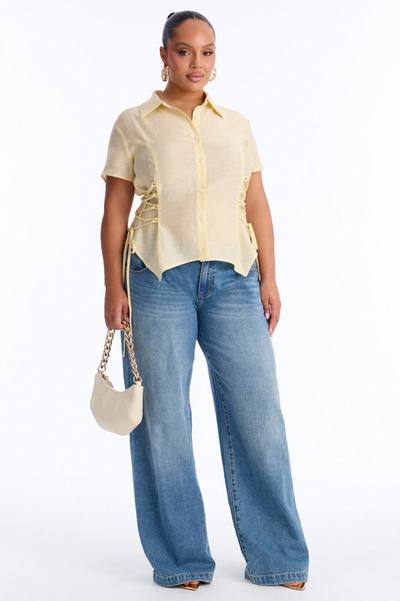 Make It Fun Lace Up Short Sleeve Linen Shirt - Yellow