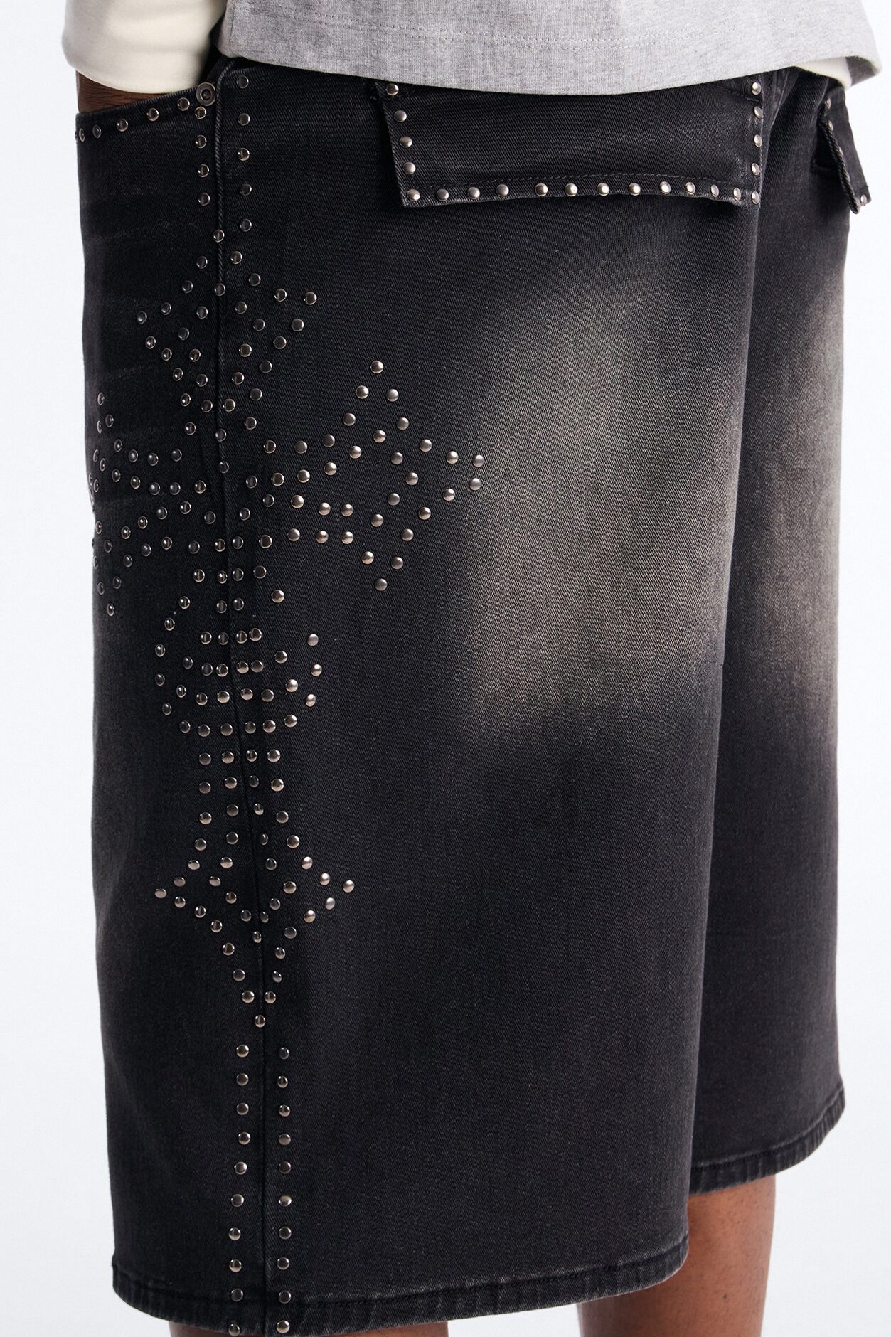 In Denim We Trust Baggy Studded Denim Short - Black Wash