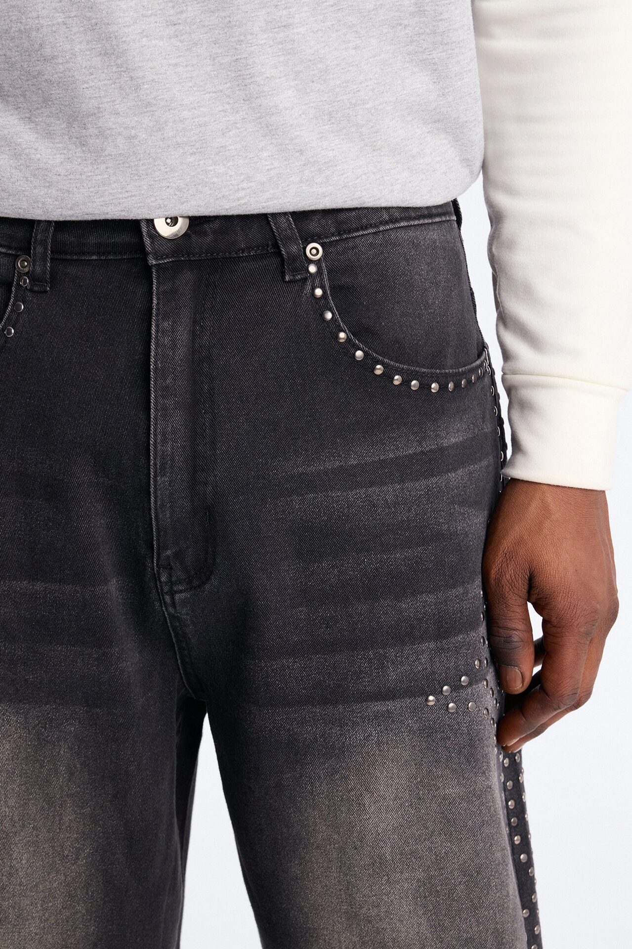 In Denim We Trust Baggy Studded Denim Short - Black Wash