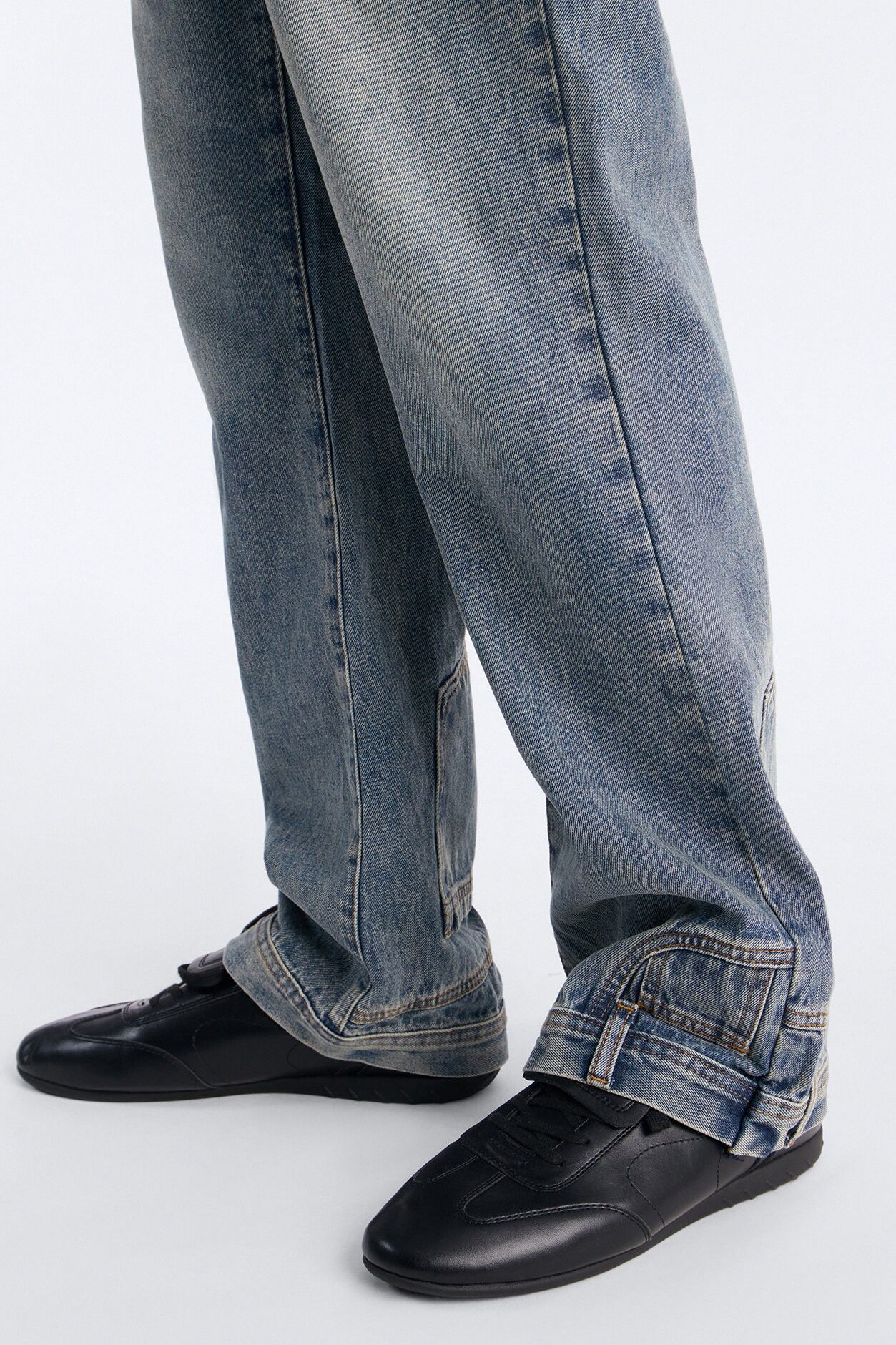Straight Flare Upside Down Hem Jeans - Vintage Blue Wash
