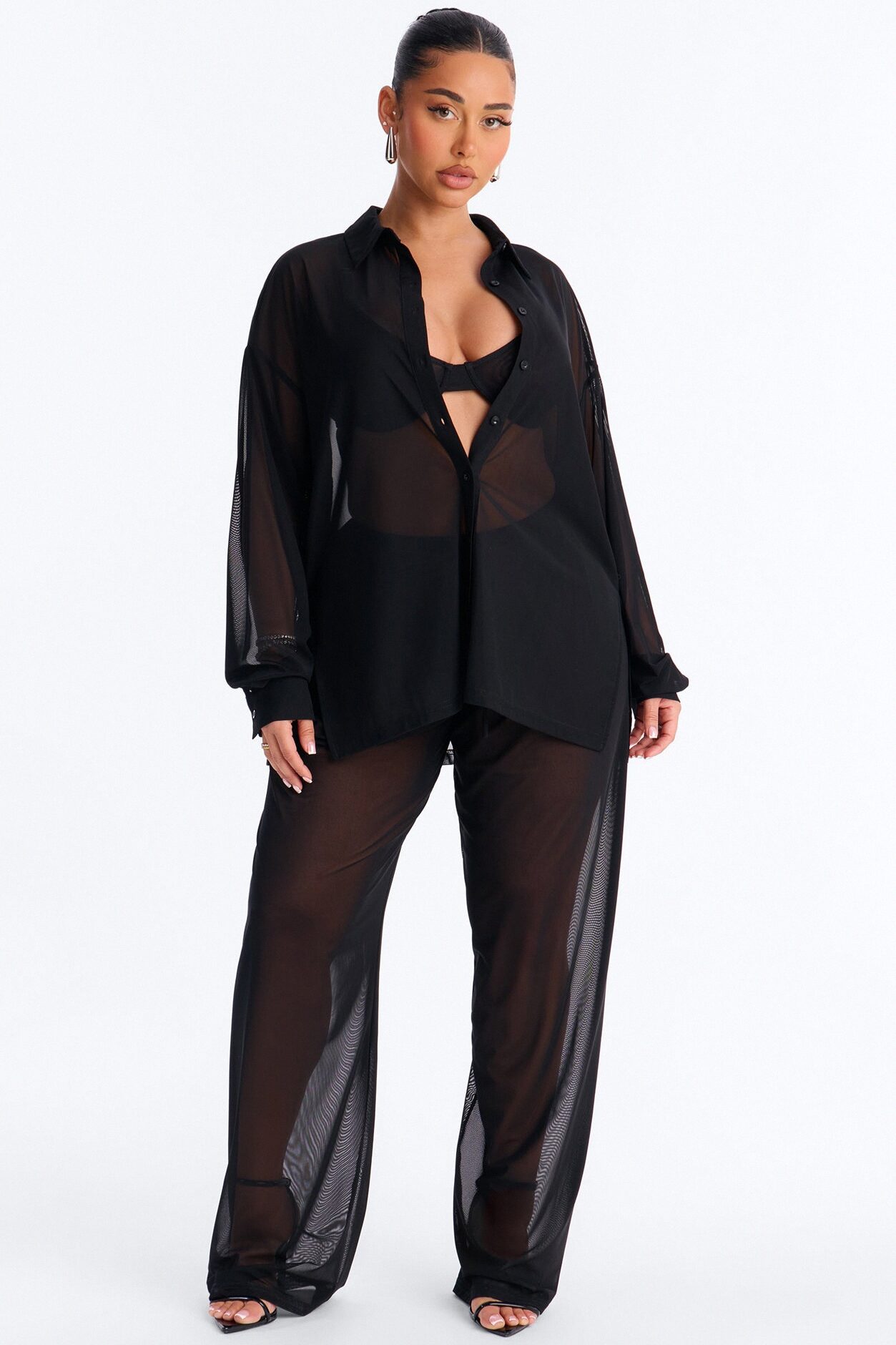 Staying In Mesh Collard Long Sleeve Shirt - Black
