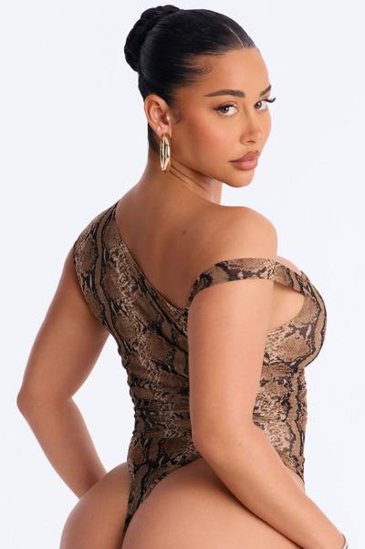 Sunara Snake Off Shoulder Mesh Bodysuit - Brown/combo