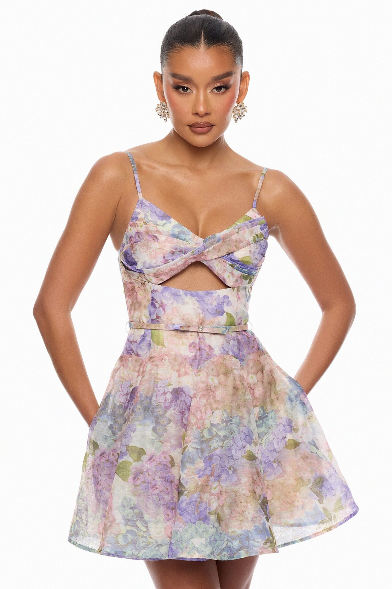 Kaylie Cut Out Belted Mini Dress - Lavender/combo
