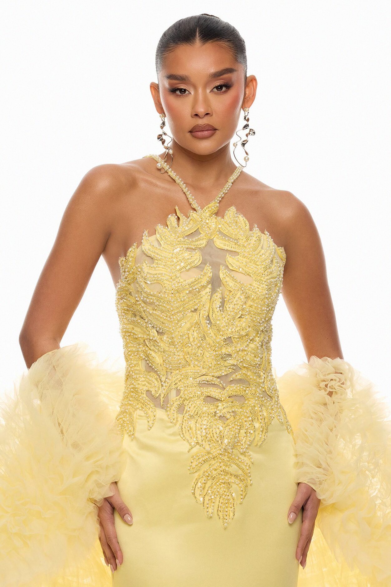 Pure Glamour Embellished Mermaid Gown - Butter Yellow