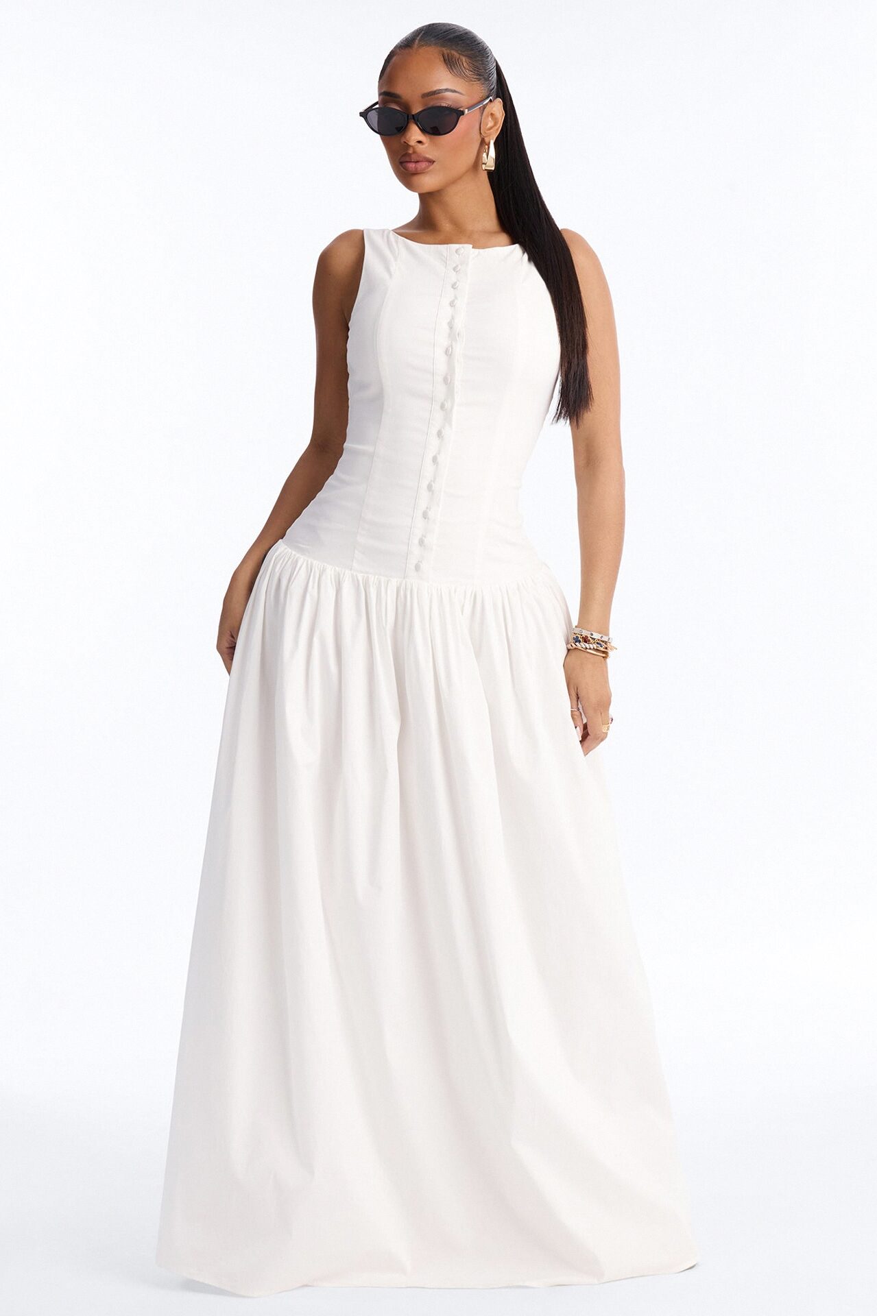 Everly Drop Waist Button Up Maxi Dress - White