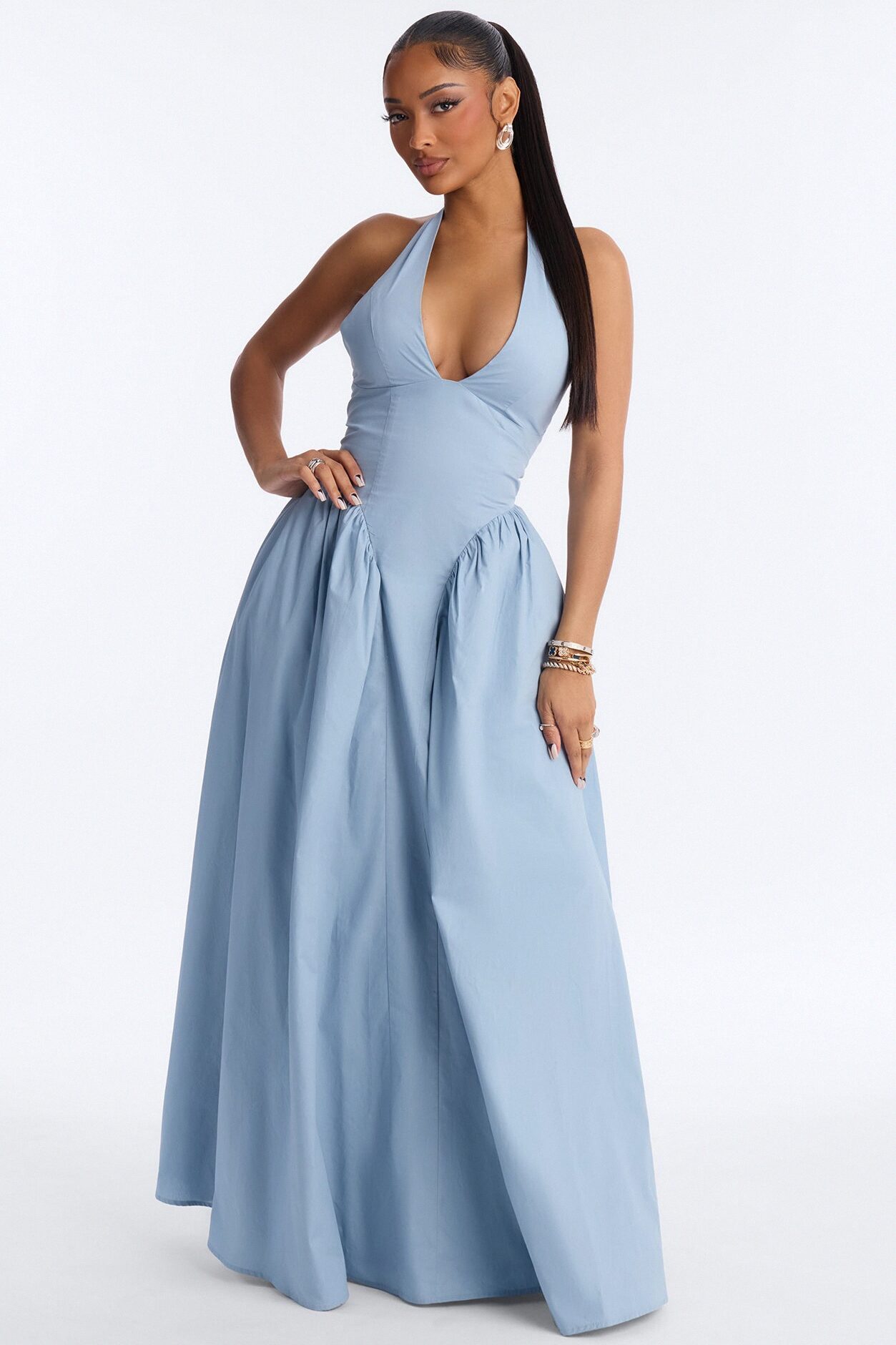 Maisie Drop Waist Poplin Maxi Dress - Blue