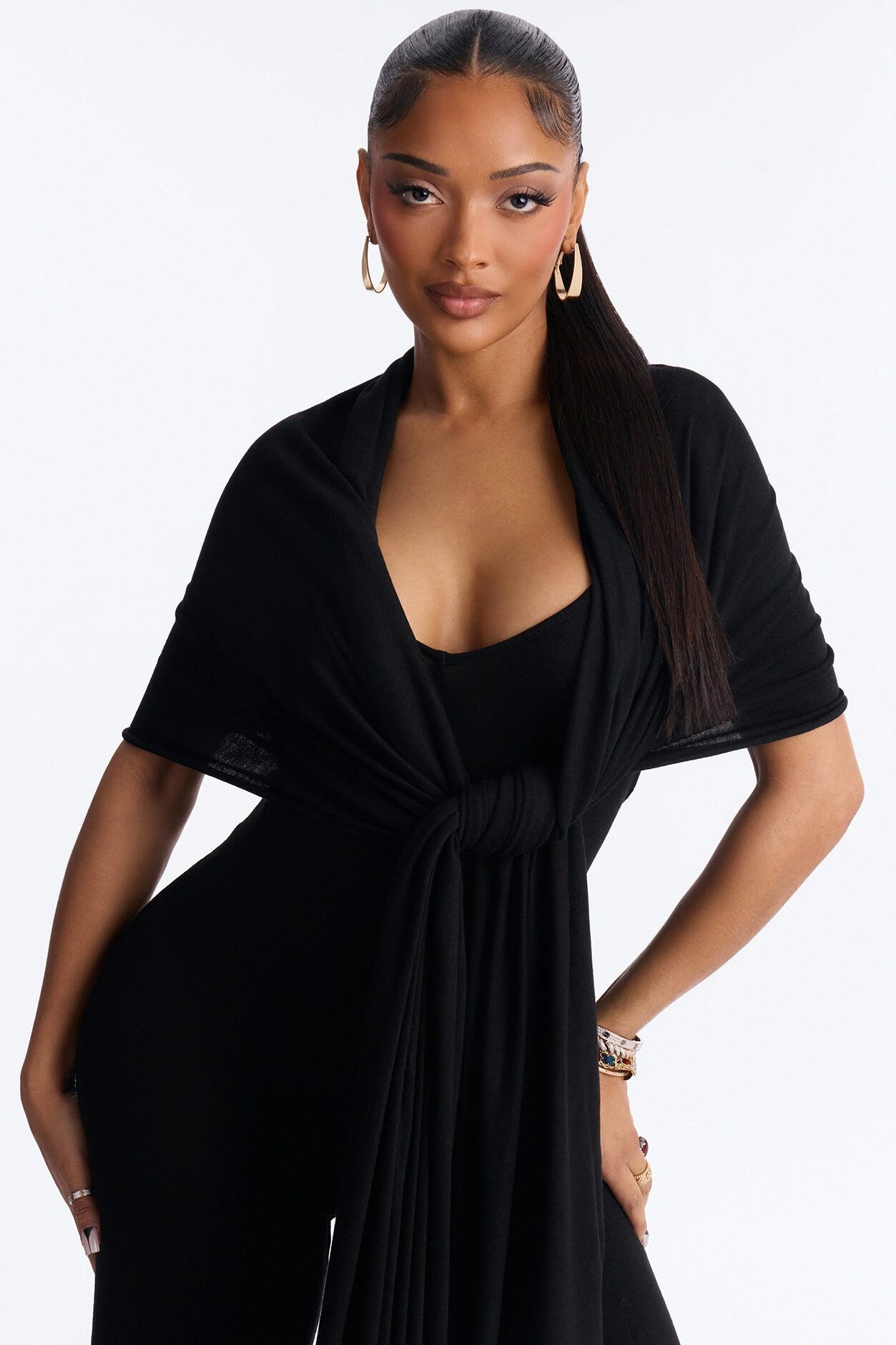 Harlowe 2 Piece Knit Wrap Jumpsuit Set - Black