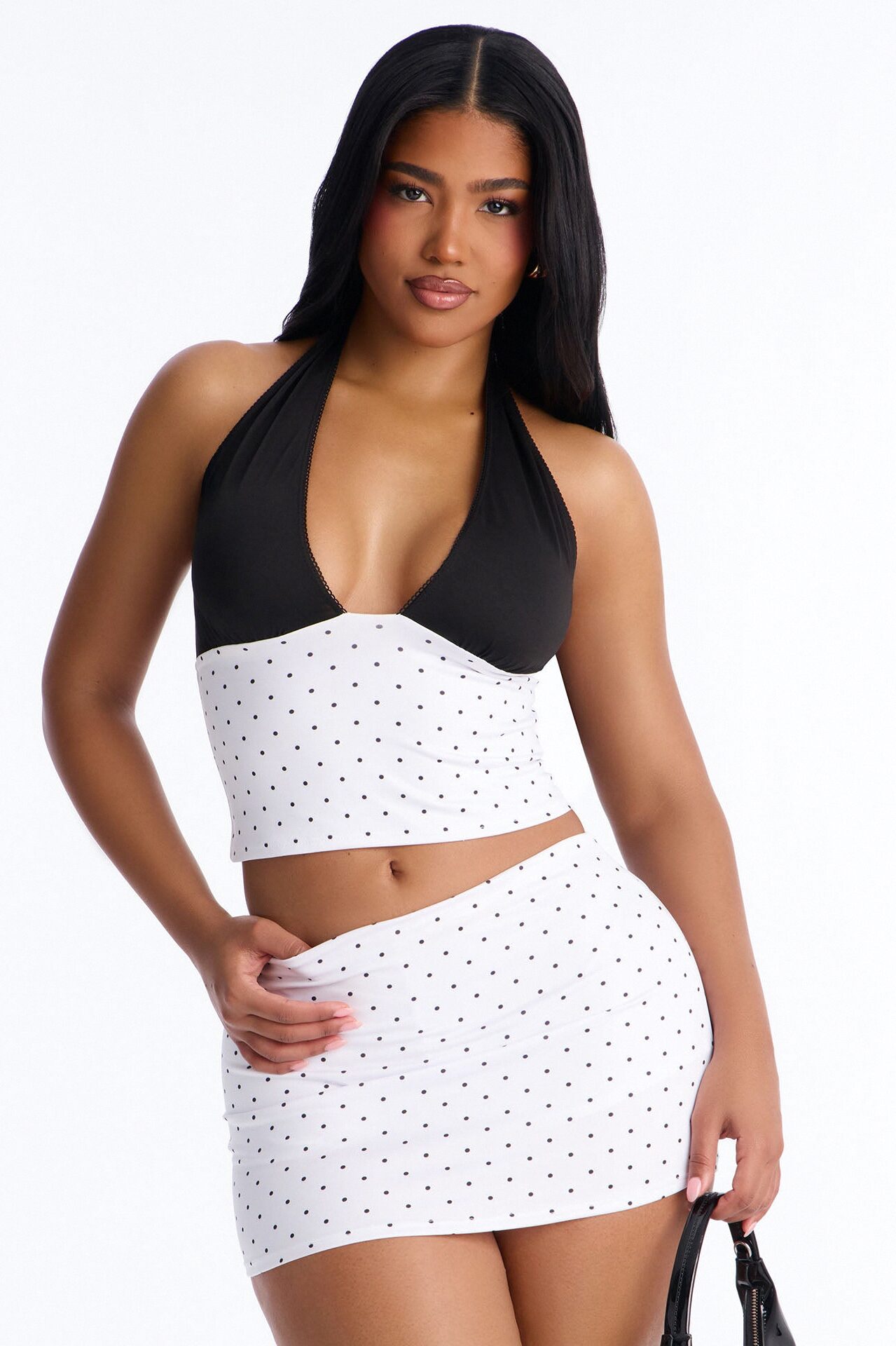 Polly Halter Polka Dot Skirt Set - White/Black