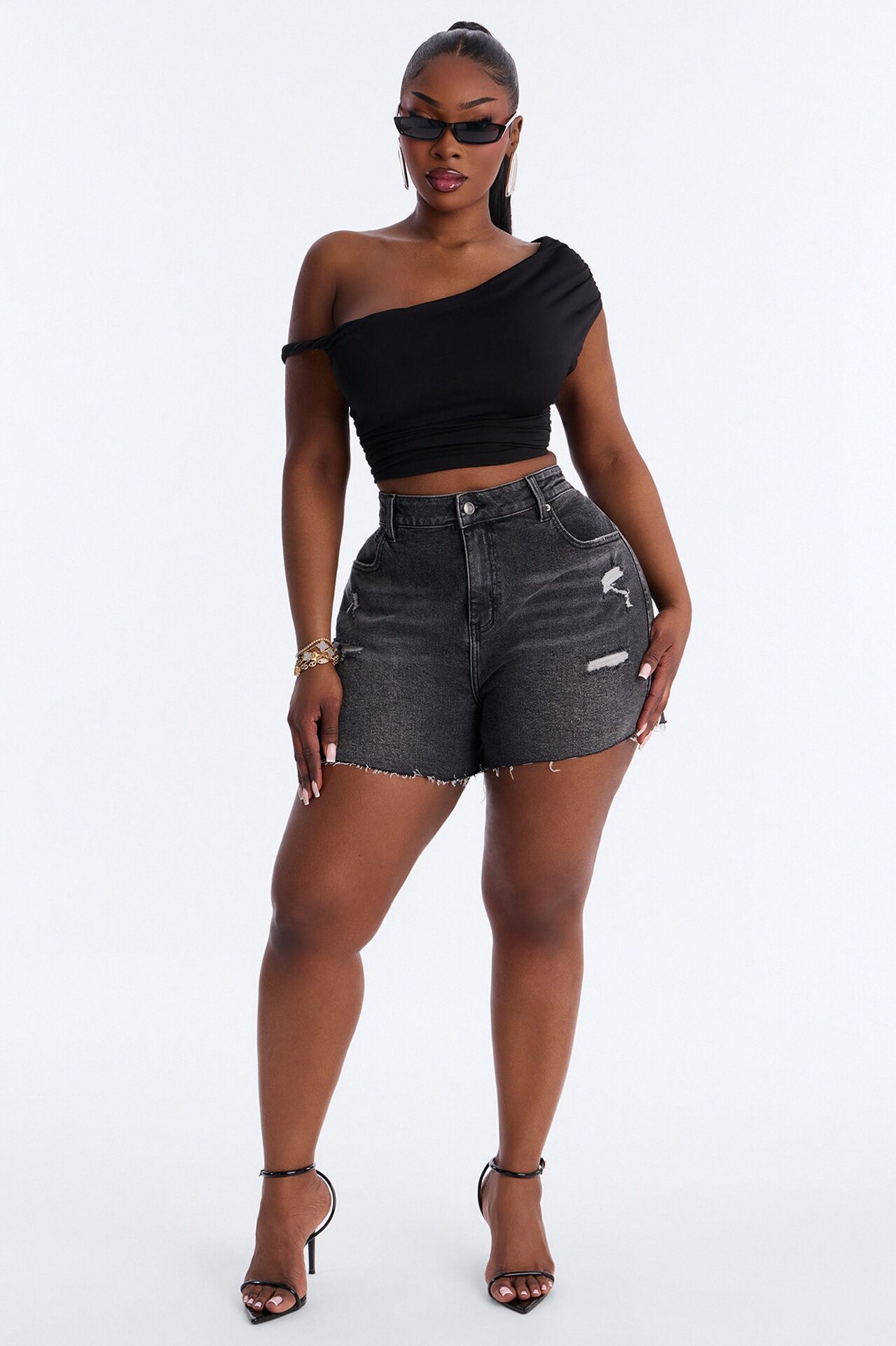 Emelia Stretch Cut Off Denim Shorts - Grey