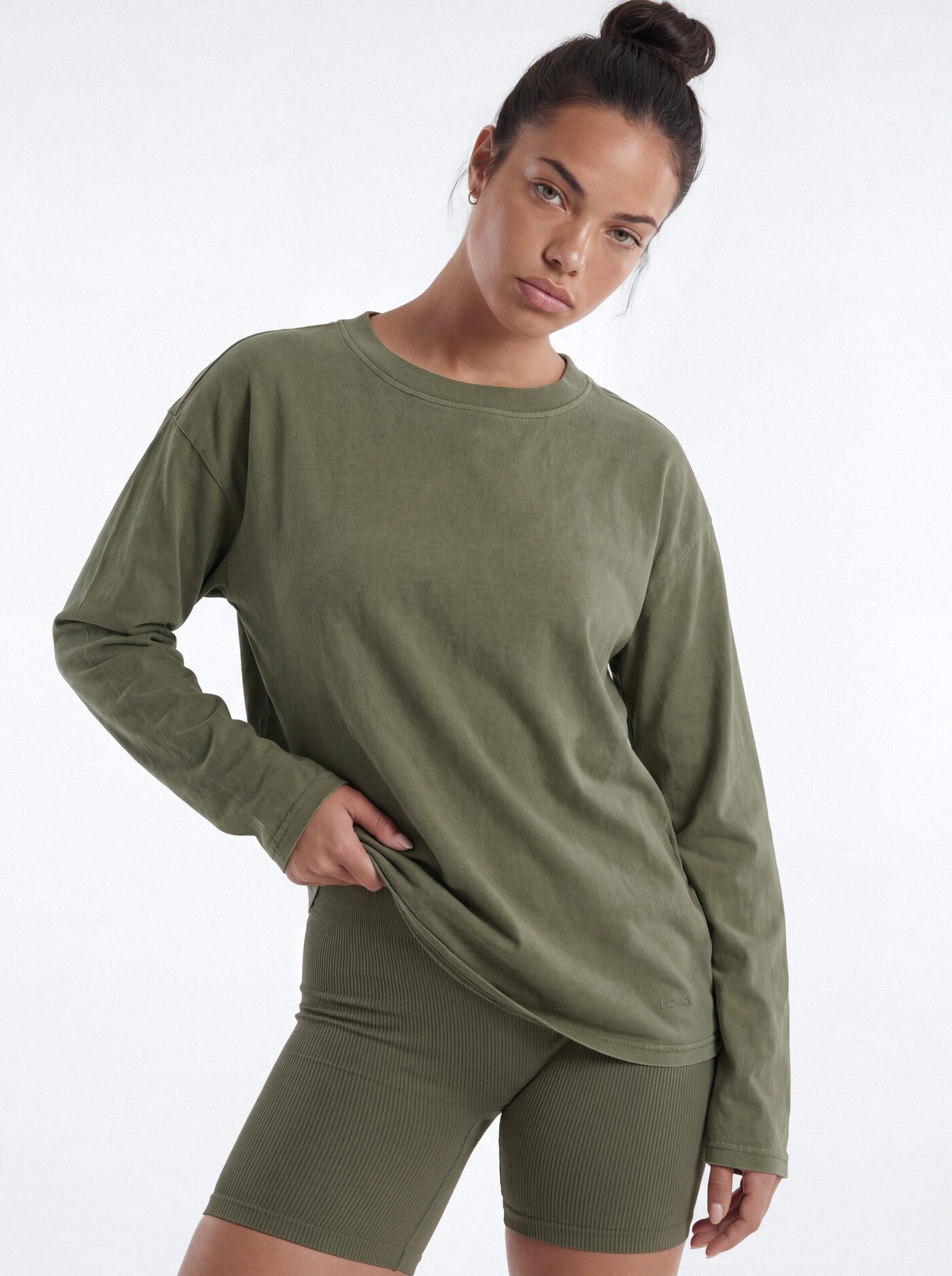 Cotton Jersey Oversized Long Sleeve Top - Moss