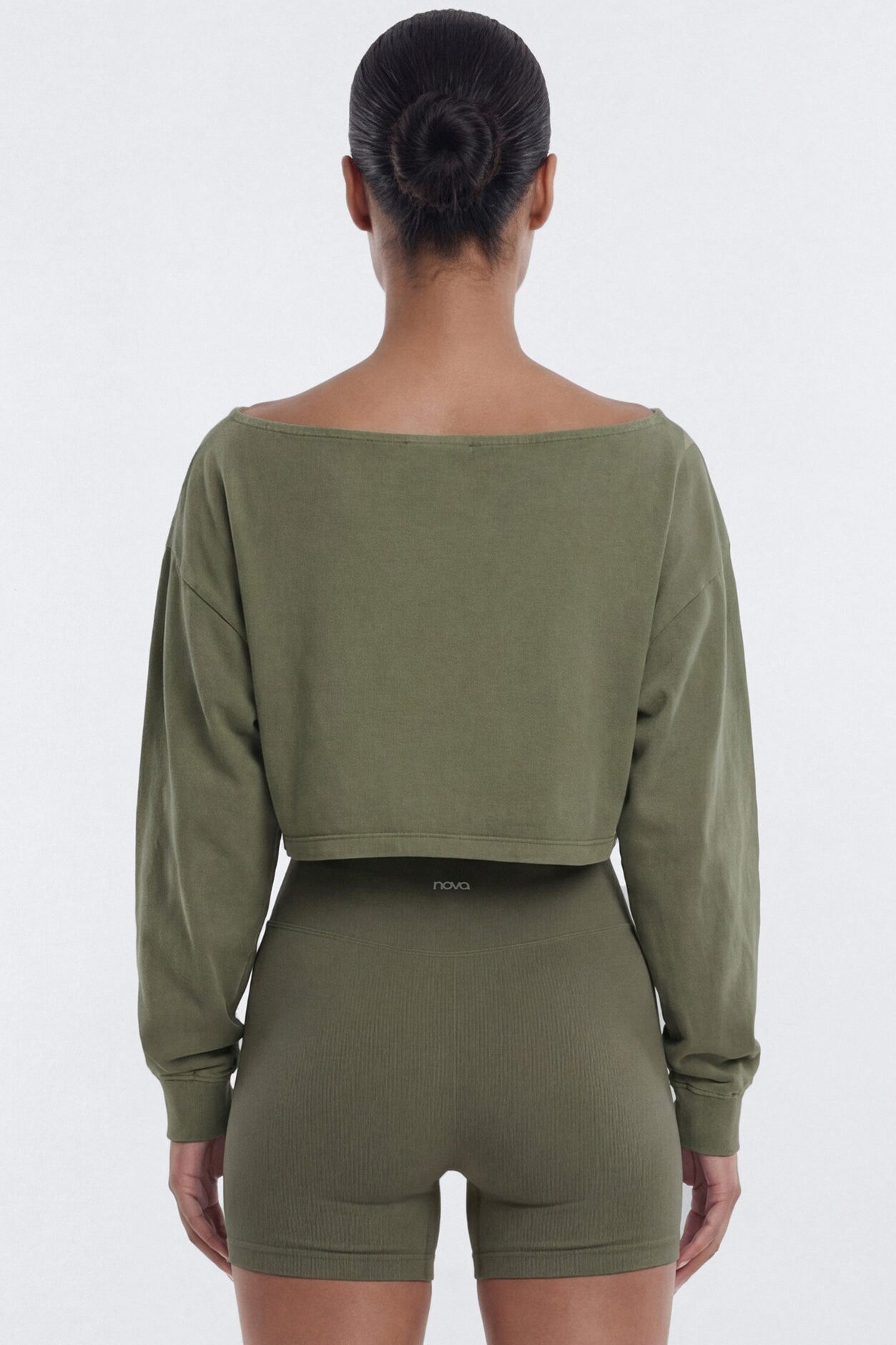 Cotton Jersey Off Shoulder Long Sleeve Crop Top - Moss