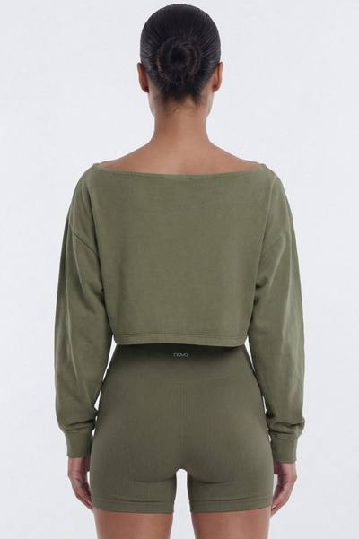 Cotton Jersey Off Shoulder Long Sleeve Crop Top - Moss