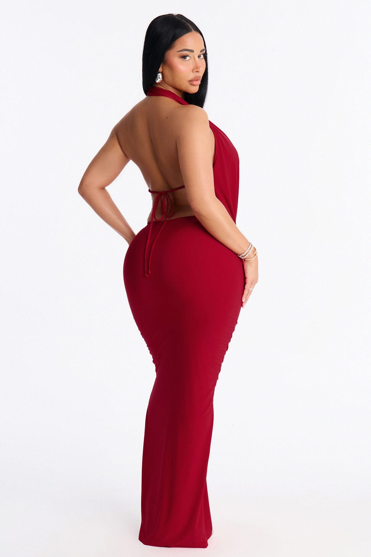 Hilana Draped Cowl Neck Backless Maxi Dress - Red