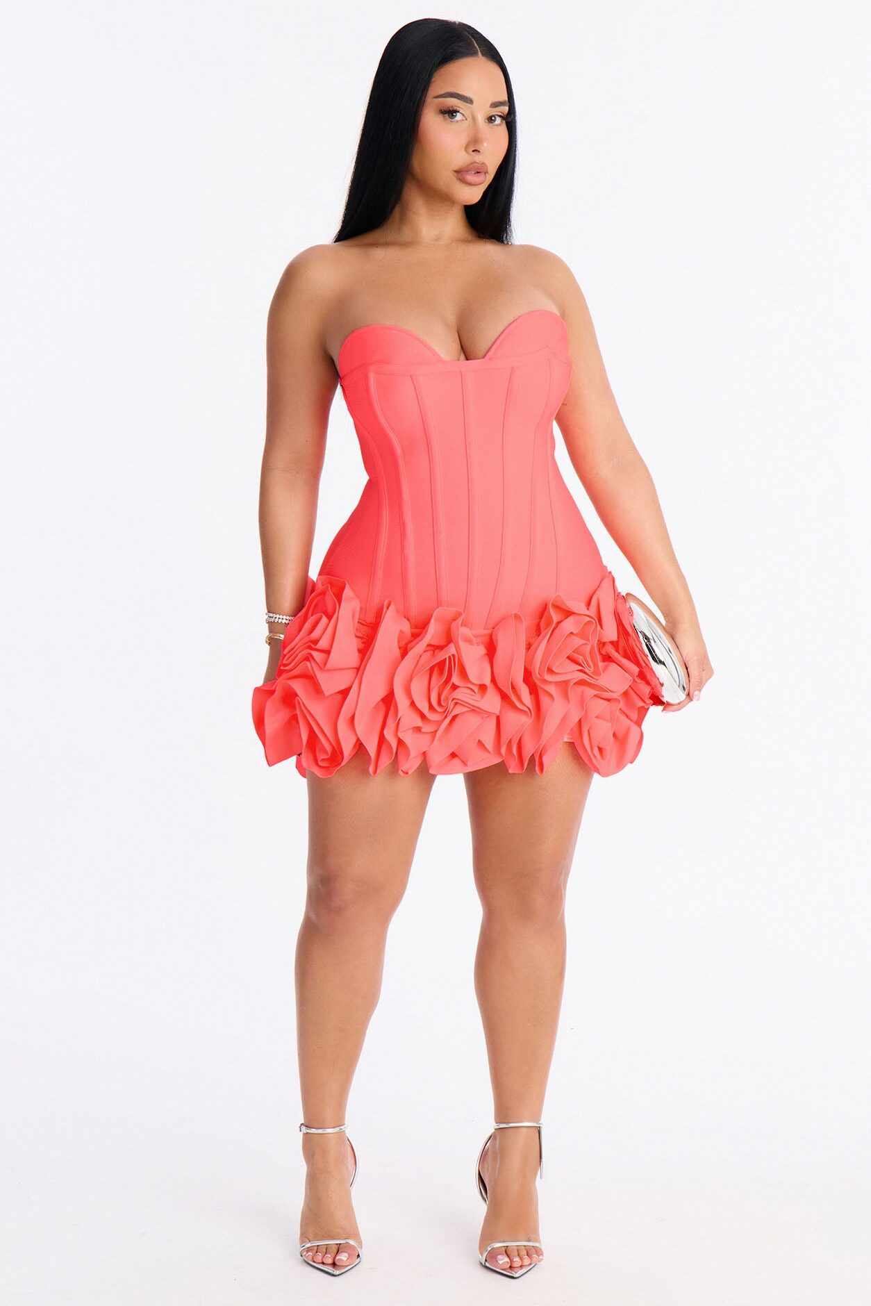 Blessed Beauty Ruffle Rosette Bandage Mini Dress - Coral