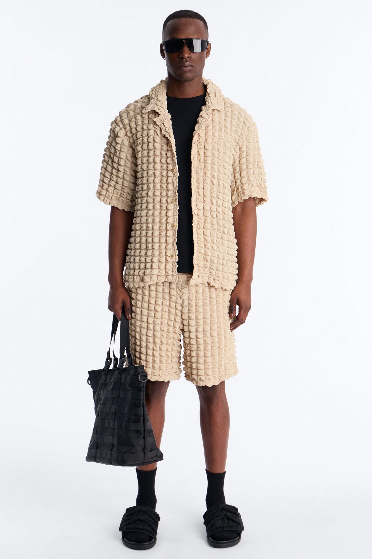 Relaxed Effervesce Textured Button Up Shirt - Tan