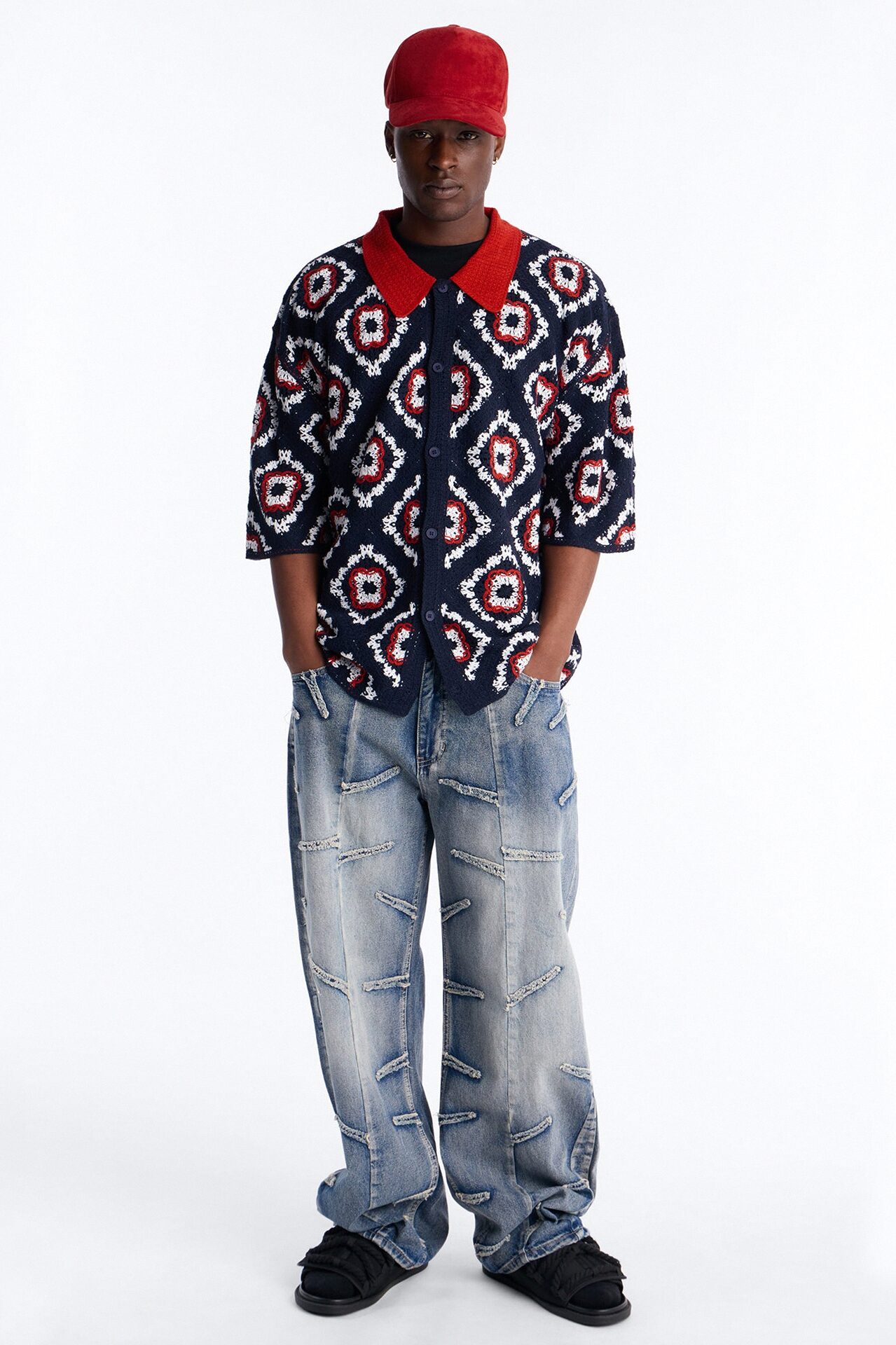 Kaleido Bloom Crochet Button Up Shirt - Navy