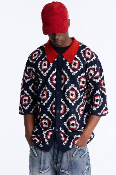 Kaleido Bloom Crochet Button Up Shirt - Navy