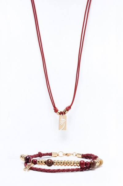 Palm Faux Leather Cording Necklace And Bracelet Set - Burgundy