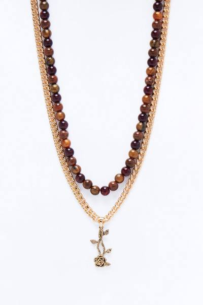 Layered Cuban Rose And Beaded Necklace Set - Gold/combo