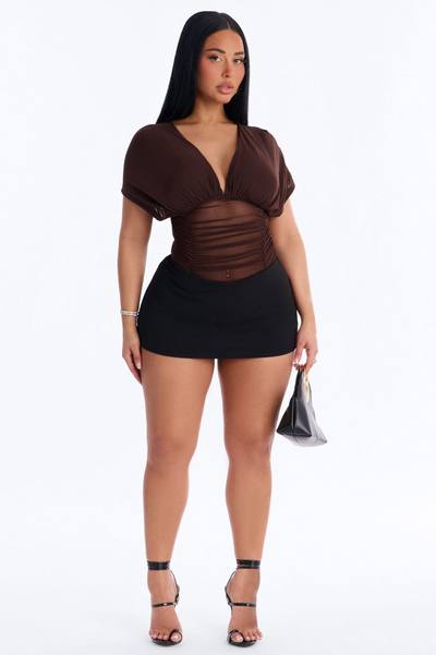 Leilani Sheer Mesh Ruched Short Sleeve Bodysuit - Brown