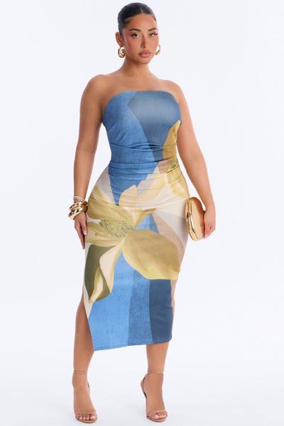 Angela Strapless Floral Midi Dress - Blue/combo