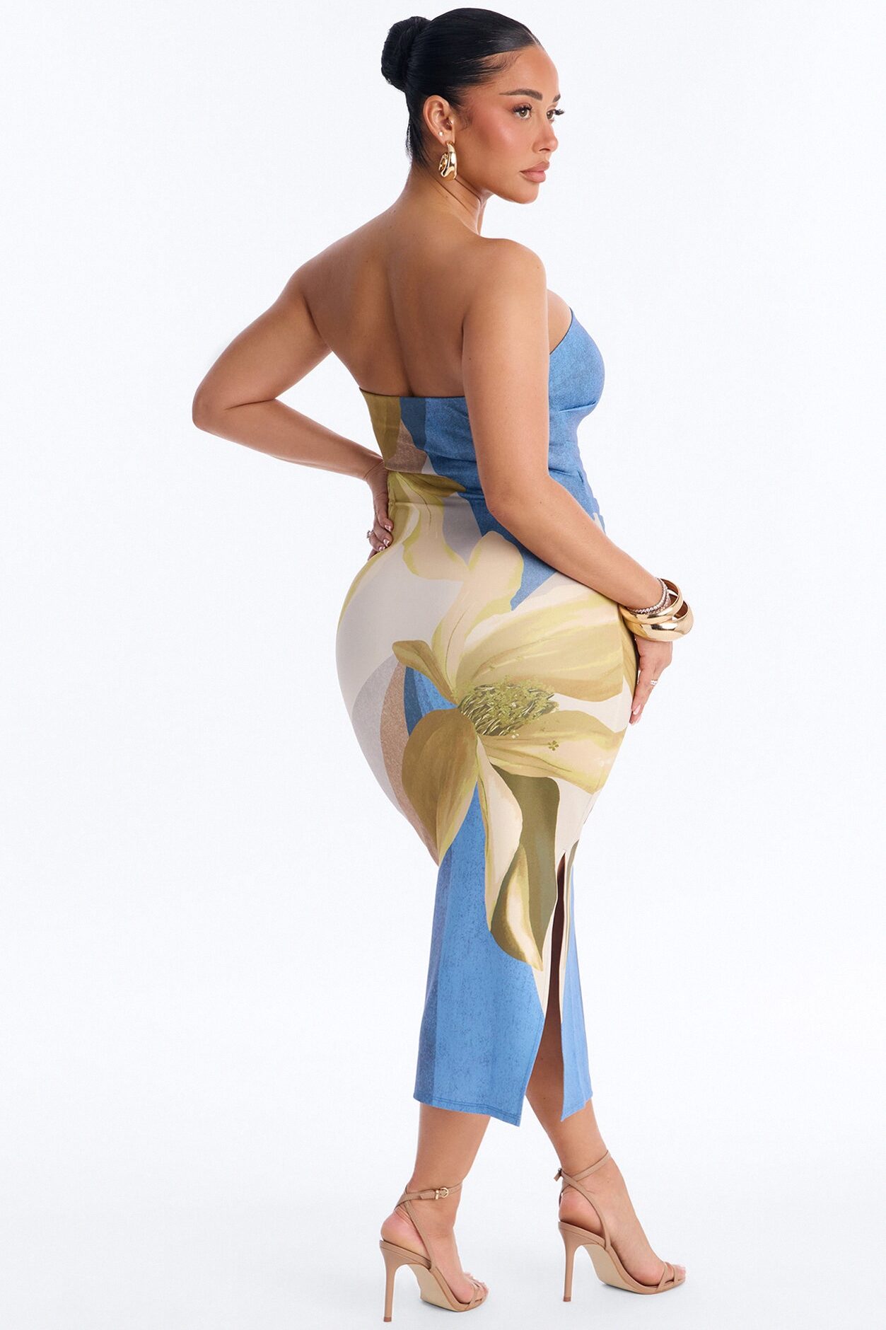 Angela Strapless Floral Midi Dress - Blue/combo