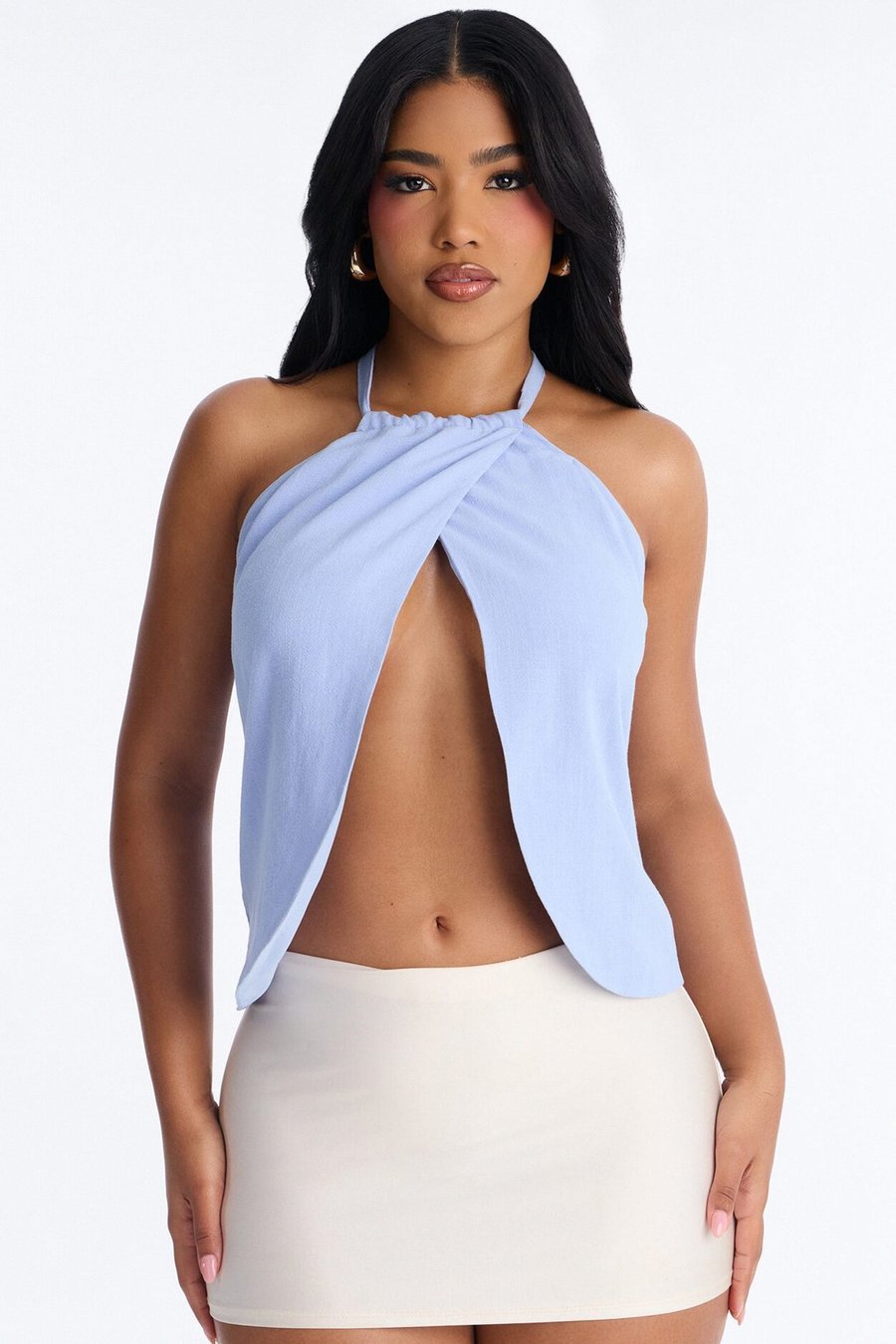 Snack First Wrap Over Linen Halter Top - Blue