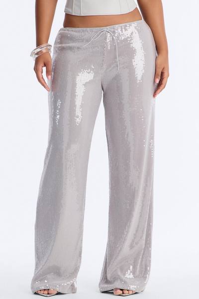 Glow Time Sequin Embellished Pants - Grey