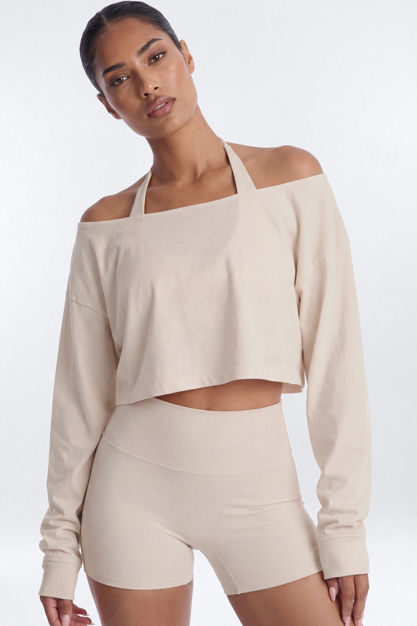 Cotton Jersey Off Shoulder Long Sleeve Crop Top - Oat Milk