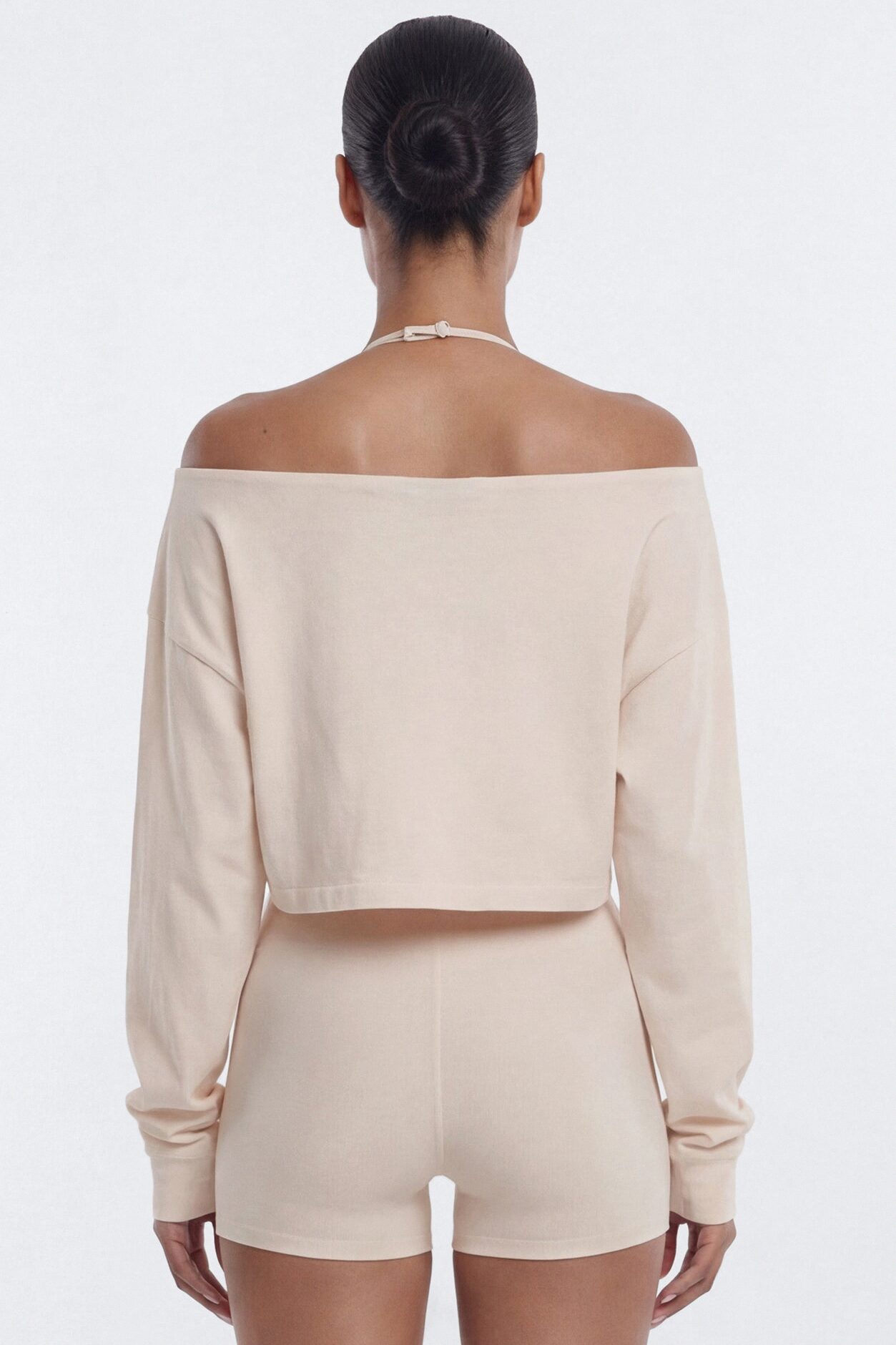 Cotton Jersey Off Shoulder Long Sleeve Crop Top - Oat Milk