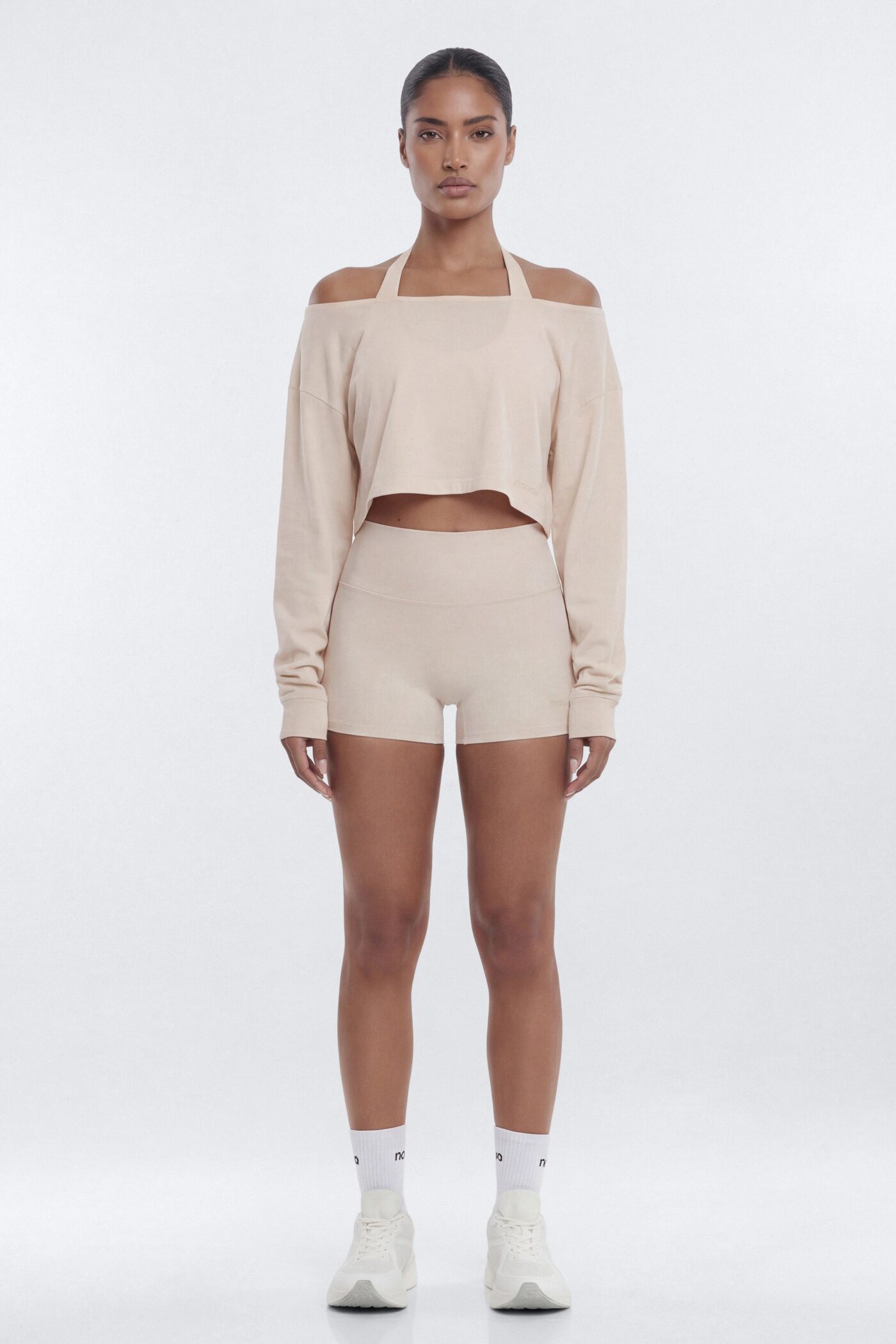Cotton Jersey Off Shoulder Long Sleeve Crop Top - Oat Milk