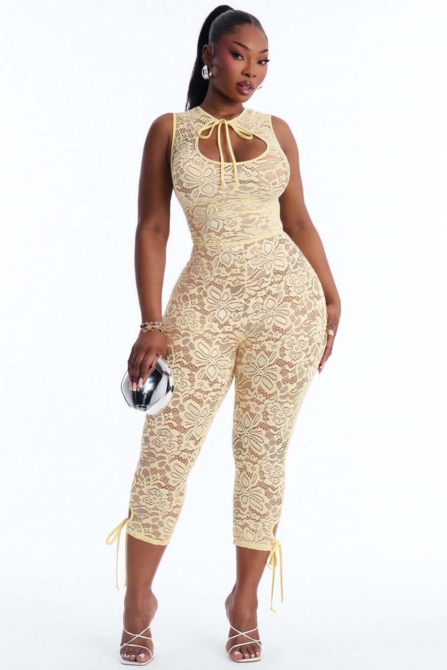Love Aura Lace Capri Jumpsuit - Yellow