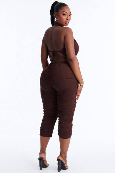 Shayla Ruched Mesh Capri Jumpsuit - Chocolate